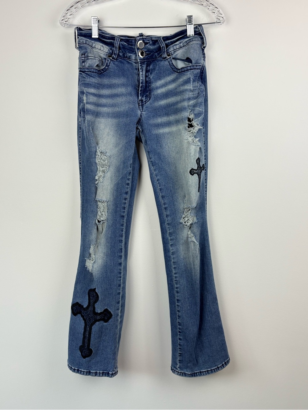 Flamingals Cross Embroidery Ripped Double Button Low Rise Bootcut Jeans Sz S